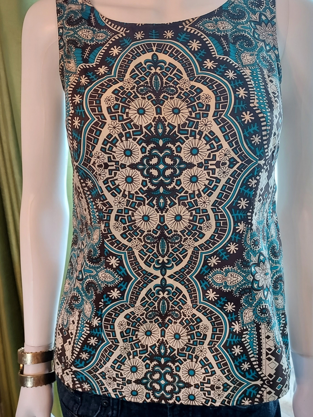 Ann Taylor Geometric Paisley Tank Top in Teal, Black & Cream w Side Zip. Sz. OP